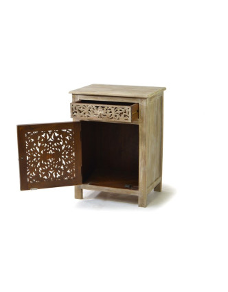 Skříňka ze starého teakového dřeva, dvířka a šuplík ručně prořezané, 56x38x76cm
