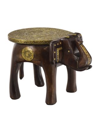 Stolička ve tvaru slona zdobená mosazným kováním, 34x24x26cm
