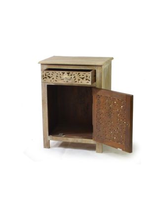 Skříňka ze starého teakového dřeva, dvířka a šuplík ručně prořezané, 56x38x76cm