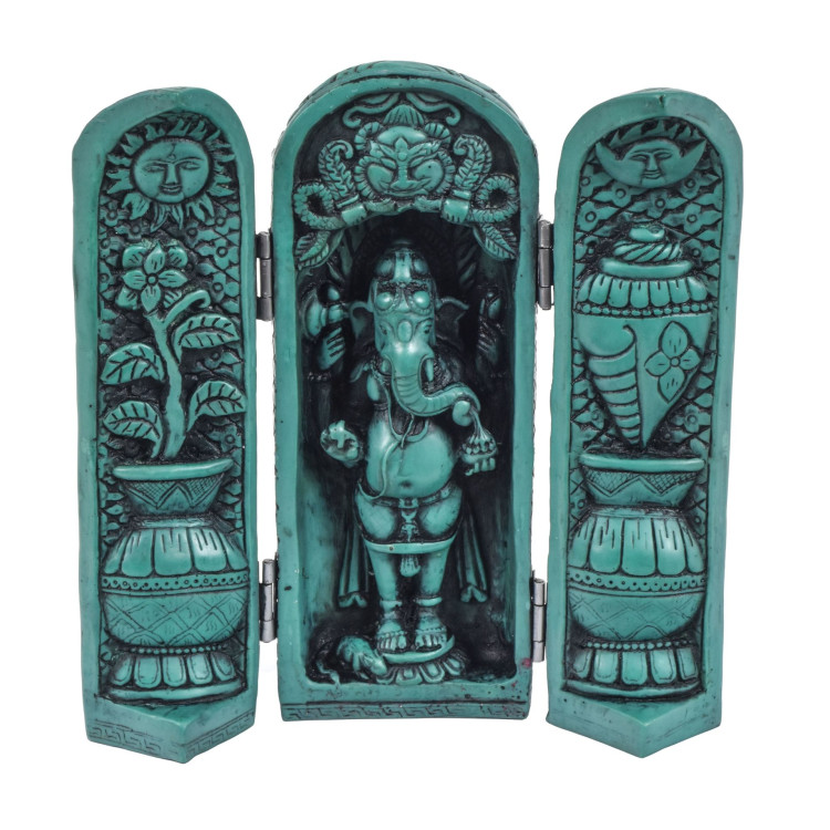 Ganesh, cestovní oltář, pryskyřice, tyrkysová patina, 21 cm