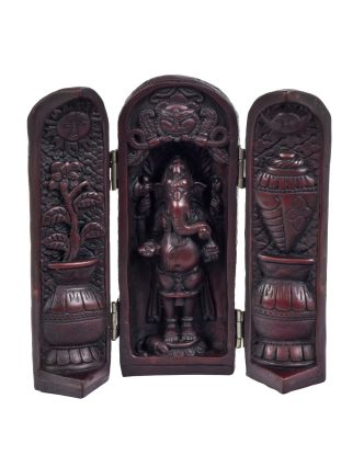 Ganesh, cestovní oltář, pryskyřice, červená patina, 21 cm