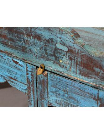 Prosklená skříňka ze starého teakového dřeva, tyrkysová patina,  47x50x75cm