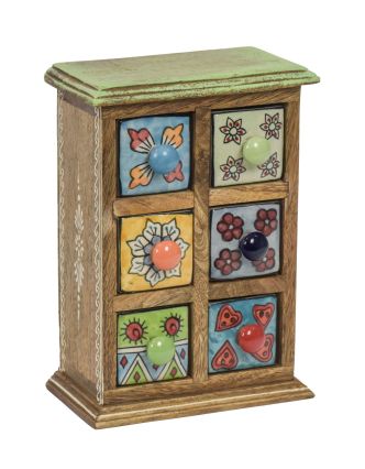Dřevěná skříňka se 6 keramickými šuplíky, ručně malované, 15x12x25cm