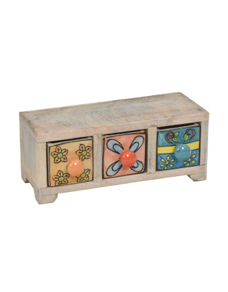 Dřevěná skříňka s 3 keramickými šuplíky, ručně malovaná, 22x11x9cm