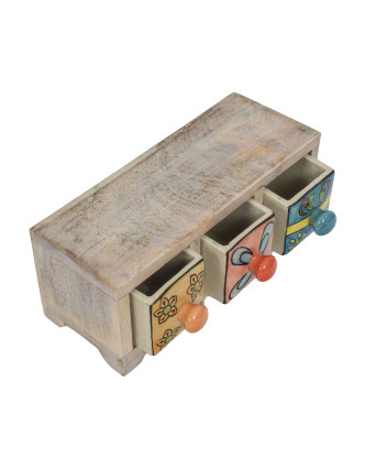Dřevěná skříňka s 3 keramickými šuplíky, ručně malovaná, 22x11x9cm