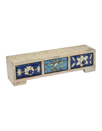 Dřevěná skříňka s 3 keramickými šuplíky, ručně malovaná, 38x12x10cm