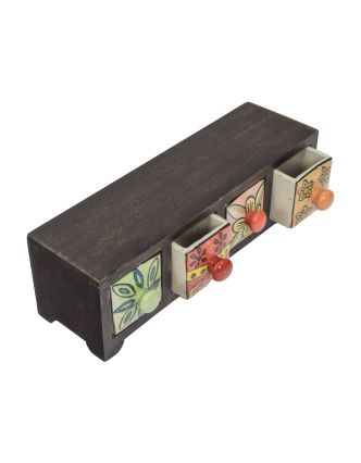 Dřevěná skříňka s 4 keramickými šuplíky, ručně malovaná, 29x12x9cm