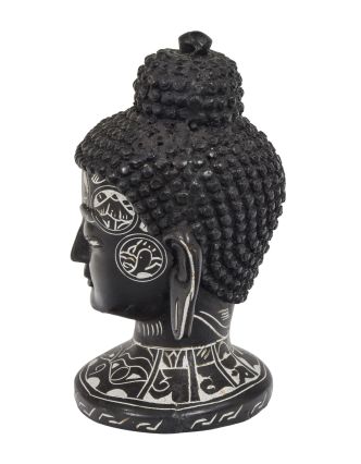Buddhova hlava, ručně zdobená, černá pryskyřice, 12cm