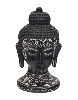 Buddhova hlava, ručně zdobená, černá pryskyřice, 12cm