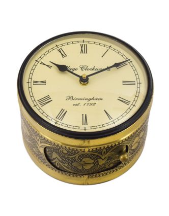 Oboustranné závěsné hodiny, zlatá, květinový motiv, zdobený mosazný plech, 16cm