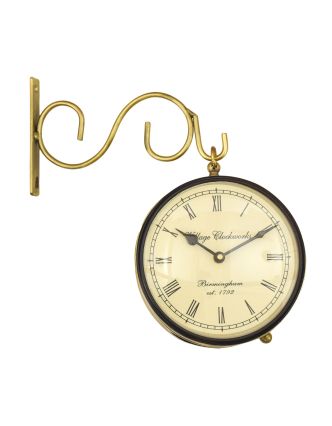 Oboustranné závěsné hodiny, zlatá, květinový motiv, zdobený mosazný plech, 16cm