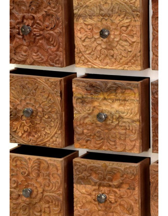 Komoda z teakového dřeva, šuplíky zdobené starými řezbami, 85x35x90cm