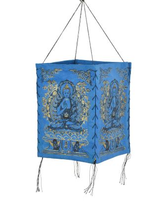 Stínidlo, čtyřboké modré se zlato-černým potiskem Buddhy, 18x25cm