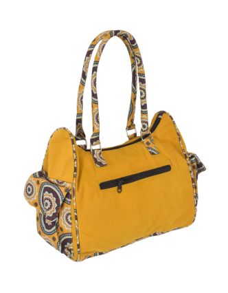 Žlutá bavlněná kabelka s potiskem mandal, na zip, 34x17x27cm + 25cm ucha