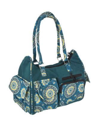 Modrá bavlněná kabelka s potiskem mandal, na zip, 34x17x27cm + 25cm ucha