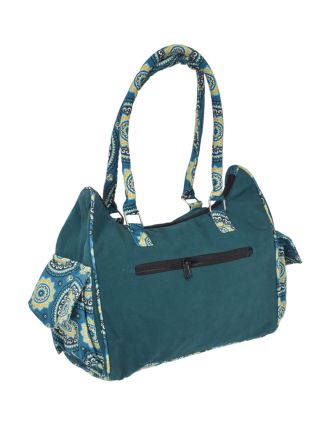Modrá bavlněná kabelka s potiskem mandal, na zip, 34x17x27cm + 25cm ucha