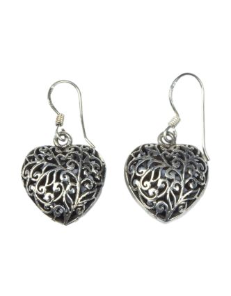 Stříbrné náušnice ve tvaru srdce s ornamenty, AG 925/1000, 6g, Nepál