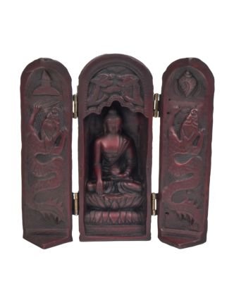Buddha, cestovní oltář, červeno hnědý, pryskyřice, 21cm