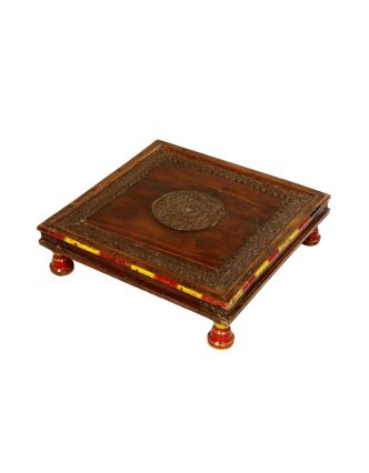 Čajový stolek z teakového dřeva, zdobený mosazí, 53x53x14cm