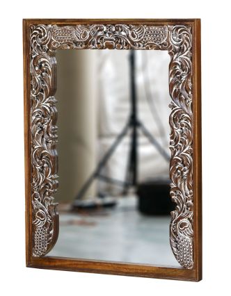 Zrcadlo v rámu z mangového dřeva, ruční řezby, 91x61x122cm