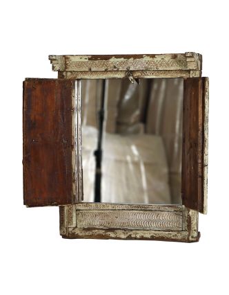Okno se zrcadlem z teakového dřeva s okenicí, 53x15x66cm