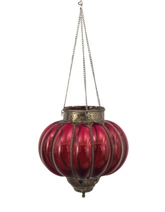 Skleněná lampa, červená, železné prvky, prům. 25cm, výška 26cm