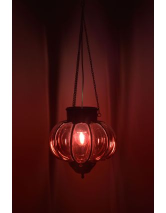 Skleněná lampa, červená, železné prvky, prům. 23cm, výška 22cm