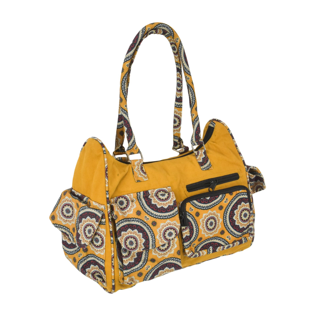Žlutá bavlněná kabelka s potiskem mandal, na zip, 34x17x27cm + 25cm ucha