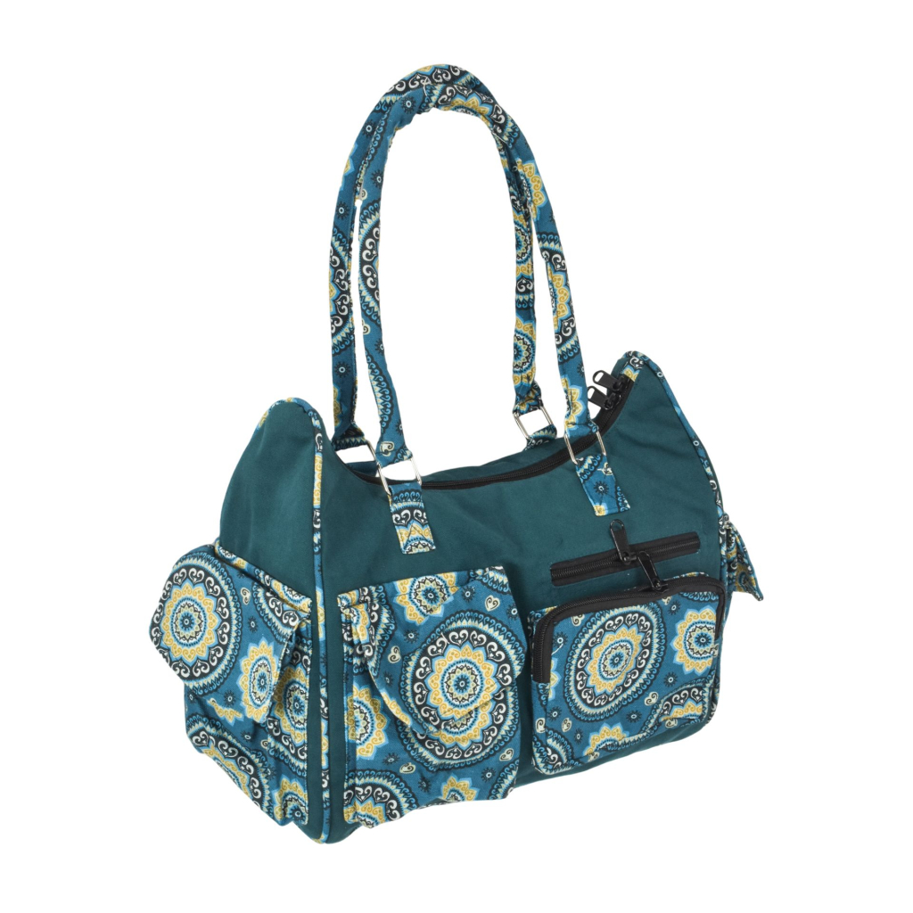 Modrá bavlněná kabelka s potiskem mandal, na zip, 34x17x27cm + 25cm ucha