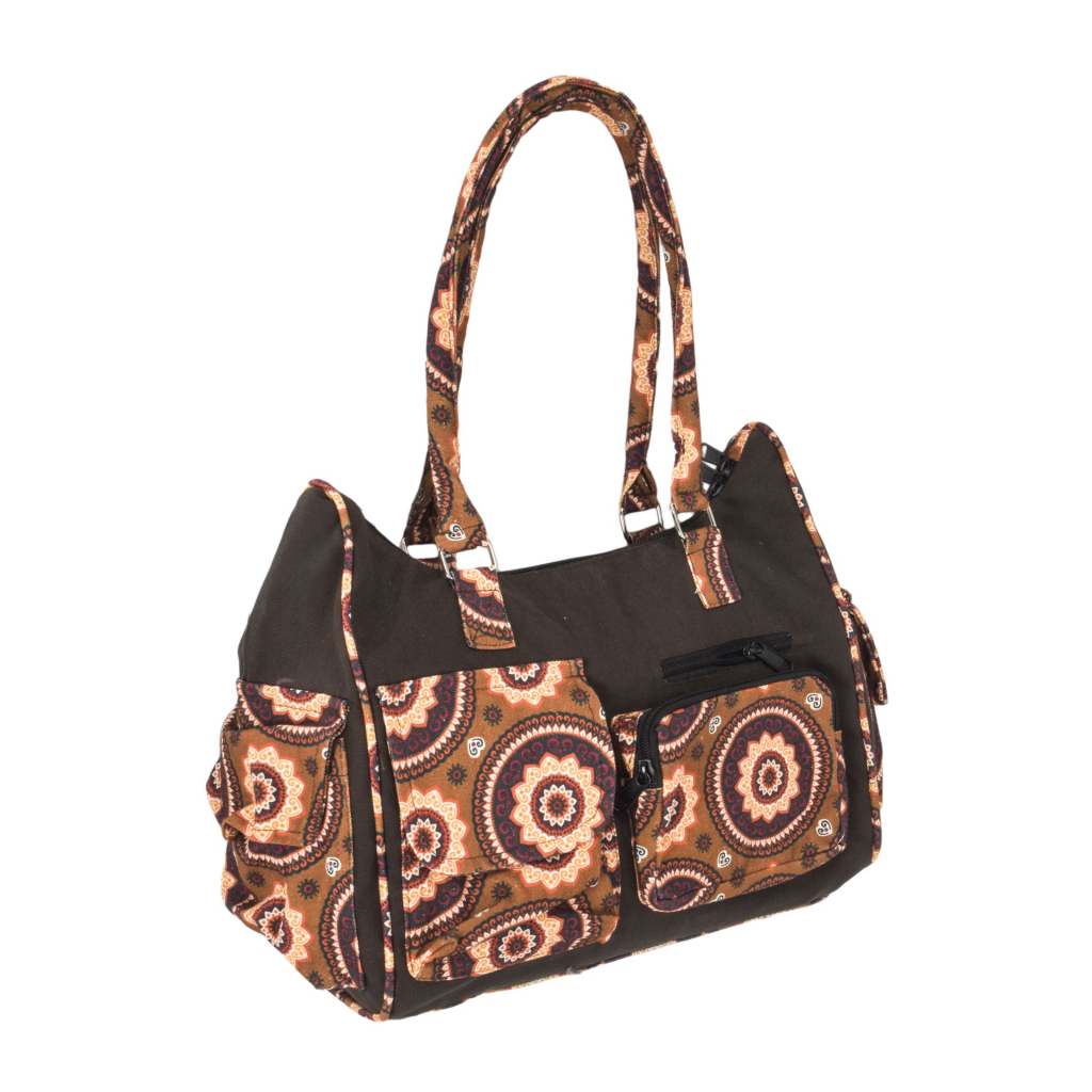 Hnědá bavlněná kabelka s potiskem mandal, na zip, 34x17x27cm + 25cm ucha