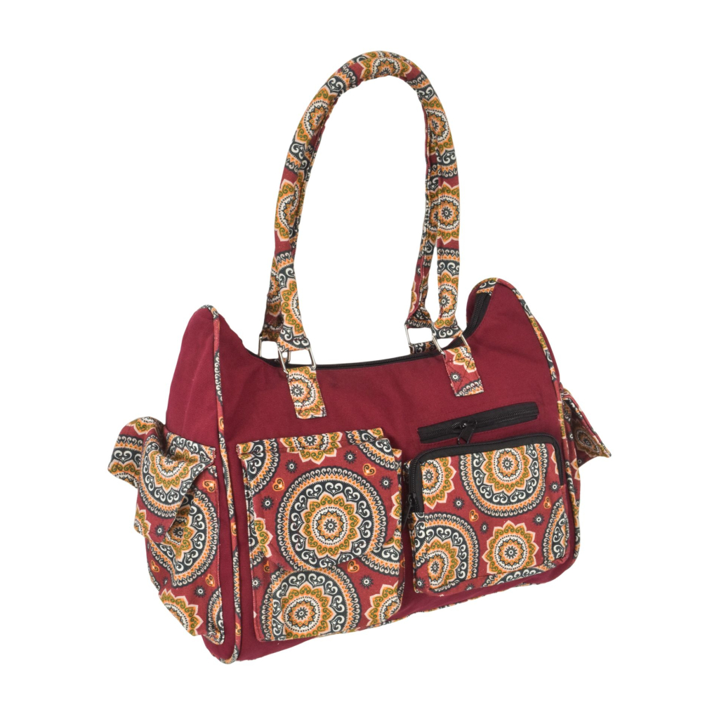Vínová bavlněná kabelka s potiskem mandal, na zip, 34x17x27cm + 25cm ucha