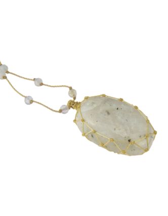 Macramé náhrdelník s měsíčním kamenem a broušenými korálky, 32-70cm, stahovací