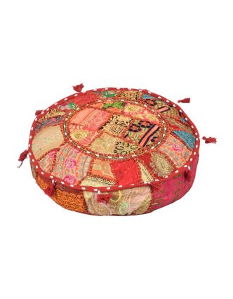 Meditační polštář patchworkový ručně vyšívaný, kulatý 40x12cm