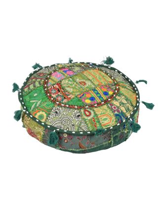 Meditační polštář patchworkový ručně vyšívaný, kulatý 40x12cm