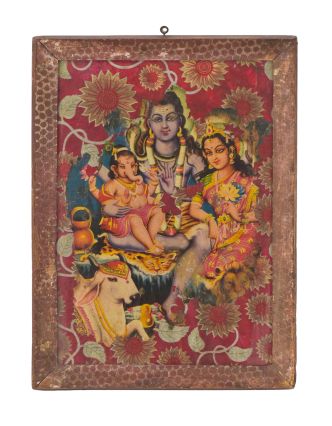 Starý obraz v teakovém rámu, Šiva, Ganéš, Parvati, 29x2x38cm