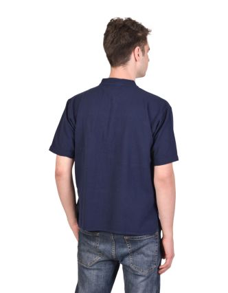 Tmavě modrá pánská košile-kurta s krátkým rukávem a kapsičkou, 3 knoflíky