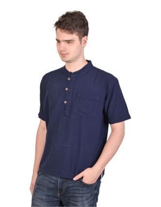 Tmavě modrá pánská košile-kurta s krátkým rukávem a kapsičkou, 3 knoflíky