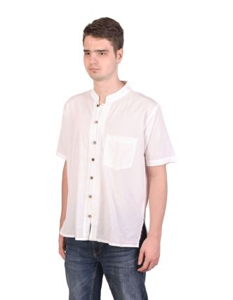 Bílá pánská košile-kurta s krátkým rukávem a kapsičkou, celorozepínací