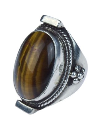 Stříbrný prsten vykládaný tygřím okem, AG 925/1000, 23g, Nepál