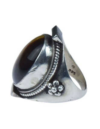 Stříbrný prsten vykládaný tygřím okem, AG 925/1000, 23g, Nepál