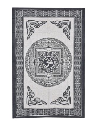 Přehoz na postel s potiskem Mandala Óm, béžový a černý tisk, 140x202cm