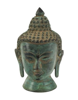 Buddhova hlava, mosazná, zelená patina, 13cm
