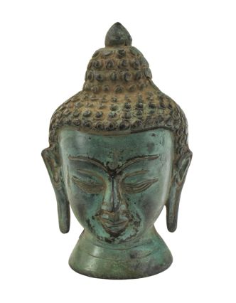 Buddhova hlava, mosazná, zelená patina, 13cm