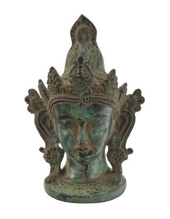 Buddhova hlava, mosazná, zelená patina, 15cm