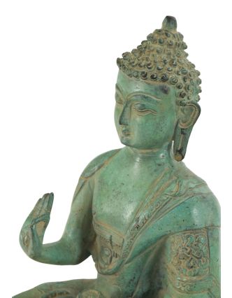 Buddha Amoghasiddhi, mosazná socha, zelená patina, 25cm