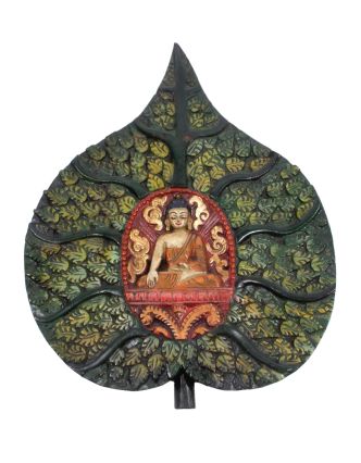 Buddha na listu bódhy, dřevěná dekorace, ruční řezba, 22x25cm