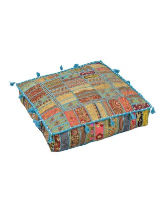 Meditační polštář, ručně vyšívaný patchwork, čtverec, 61x61x15cm