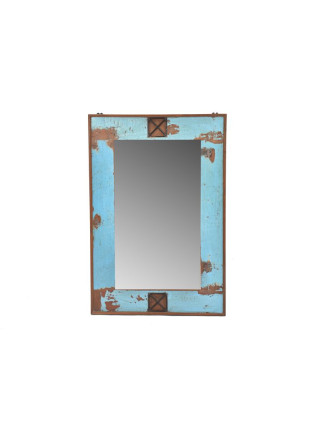 Rám se zrcadlem ze starého teakového dřeva, tyrkysová patina, 63x93x4cm