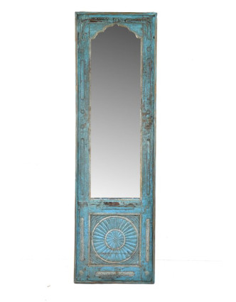 Rám se zrcadlem ze starého teakového dřeva, tyrkysová patina, 165x50x5cm