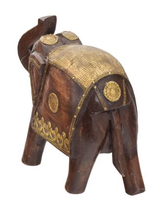 Dřevěný slon, zdobený mosazí, 21cm